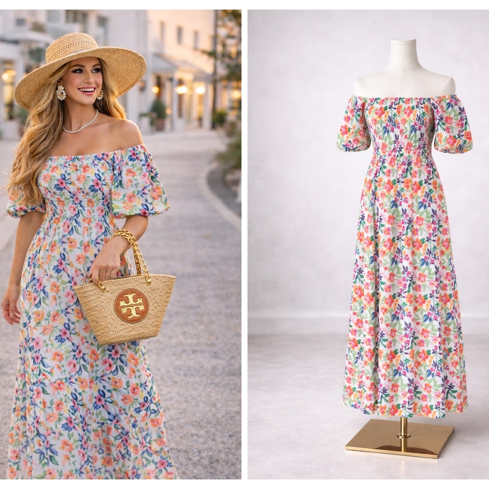 Smocked, Off the Shoulder, Floral Maxi Dress